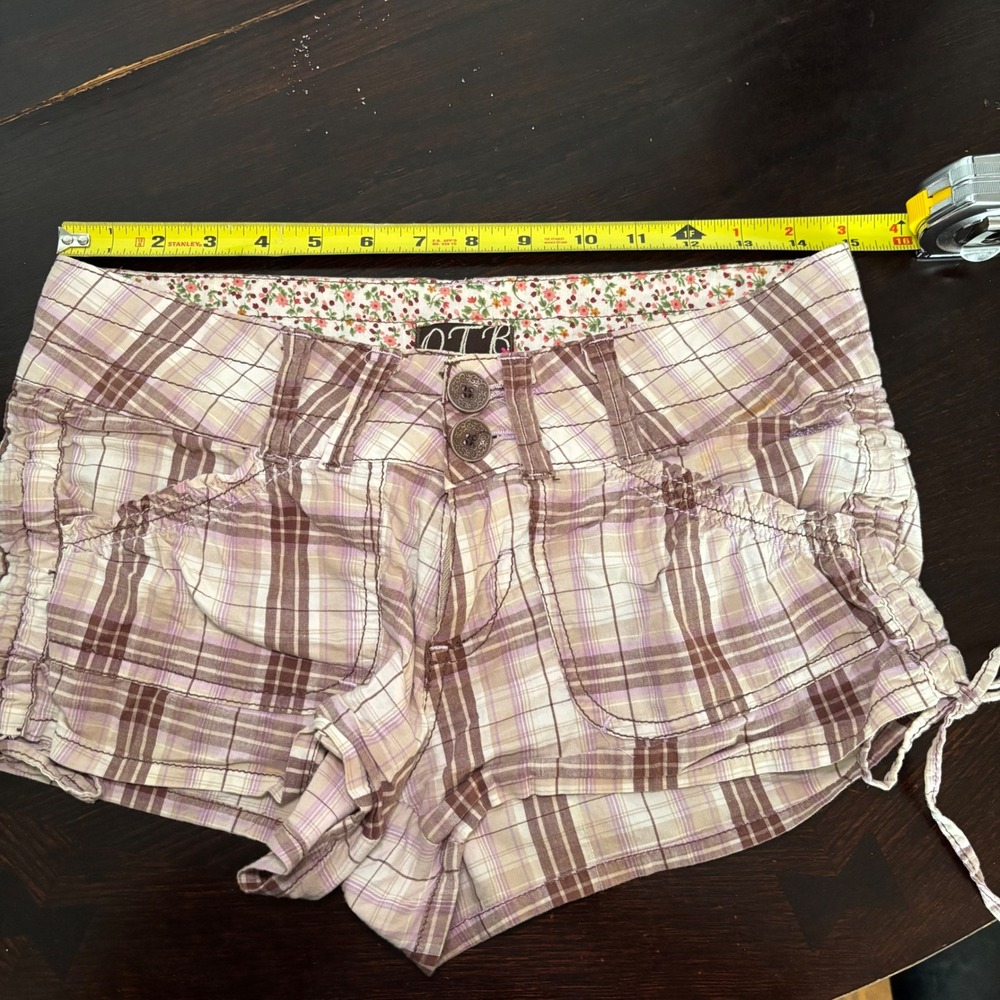 Y2K VTG Mcbling Plaid Low Rise Ruched Side Tie Shorts Brown Purple Size 5/6 Indi - Picture 10 of 14